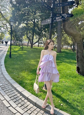 【Dear zhazha】一抹紫色掠影~大露背蓬蓬蛋糕短裙浅紫挂脖吊带裙