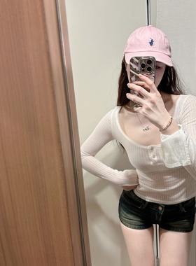 【Dear zhazha】欲感韩女~辣妹纯欲修身大圆领透视防晒白色薄T恤