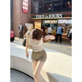 高腰紧身包臀假胯垫卡其色牛仔短裤 丰胯腰臀比 Dear zhazha