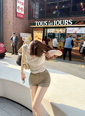 【Dear zhazha】丰胯腰臀比~高腰紧身包臀假胯垫卡其色牛仔短裤