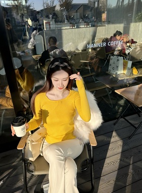 【Dear zhazha】超显白小心机！姜黄色修身方圆领长袖针织打底衫