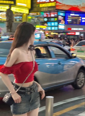 【Dear zhazha】馥郁酒红~纯欲花边飞飞袖大方领露脐一字肩短上衣