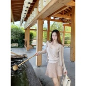 纯欲杏色高腰坑条A字百褶针织半身短裙 京都回忆 Dear zhazha