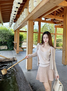 【Dear zhazha】京都回忆~纯欲杏色高腰坑条A字百褶针织半身短裙