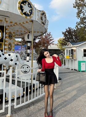 【Dear zhazha】圣诞幻想曲~黑色高腰腰封针织A字百褶短裙蓬蓬裙