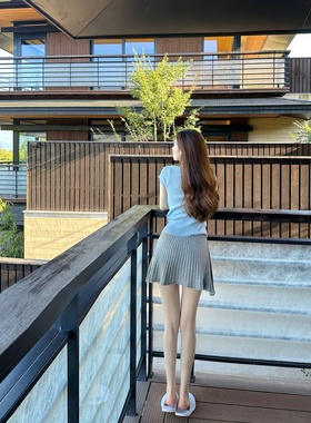 【Dear zhazha】京都暮秋~miu系灰色高腰坑条A字百褶针织半身短裙