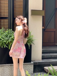 人魚姬粉 zhazha 水墨碎花修身 Dear 大V領(lǐng)露背掛脖短裙吊帶裙