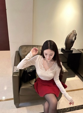 【Dear zhazha】白月光华尔兹~纯欲修身大U领白色蕾丝拼接打底衫