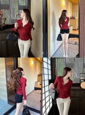 【Dear zhazha】贵贵老钱感~酒红色Polo领翻领修身打底针织衫