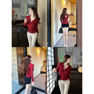 酒红色Polo领翻领修身 贵贵老钱感 zhazha 打底针织衫 Dear