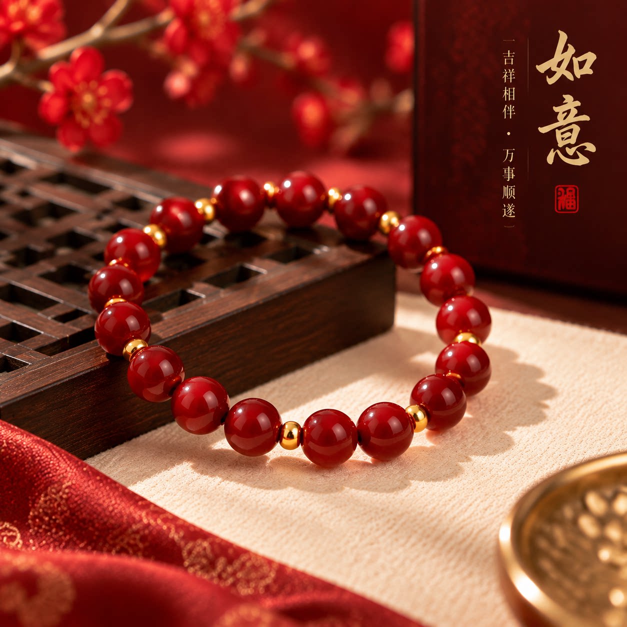 金鸿恋朱砂手串女款古法转运珠手链小金钱珠本命年工艺串珠隔珠X图片