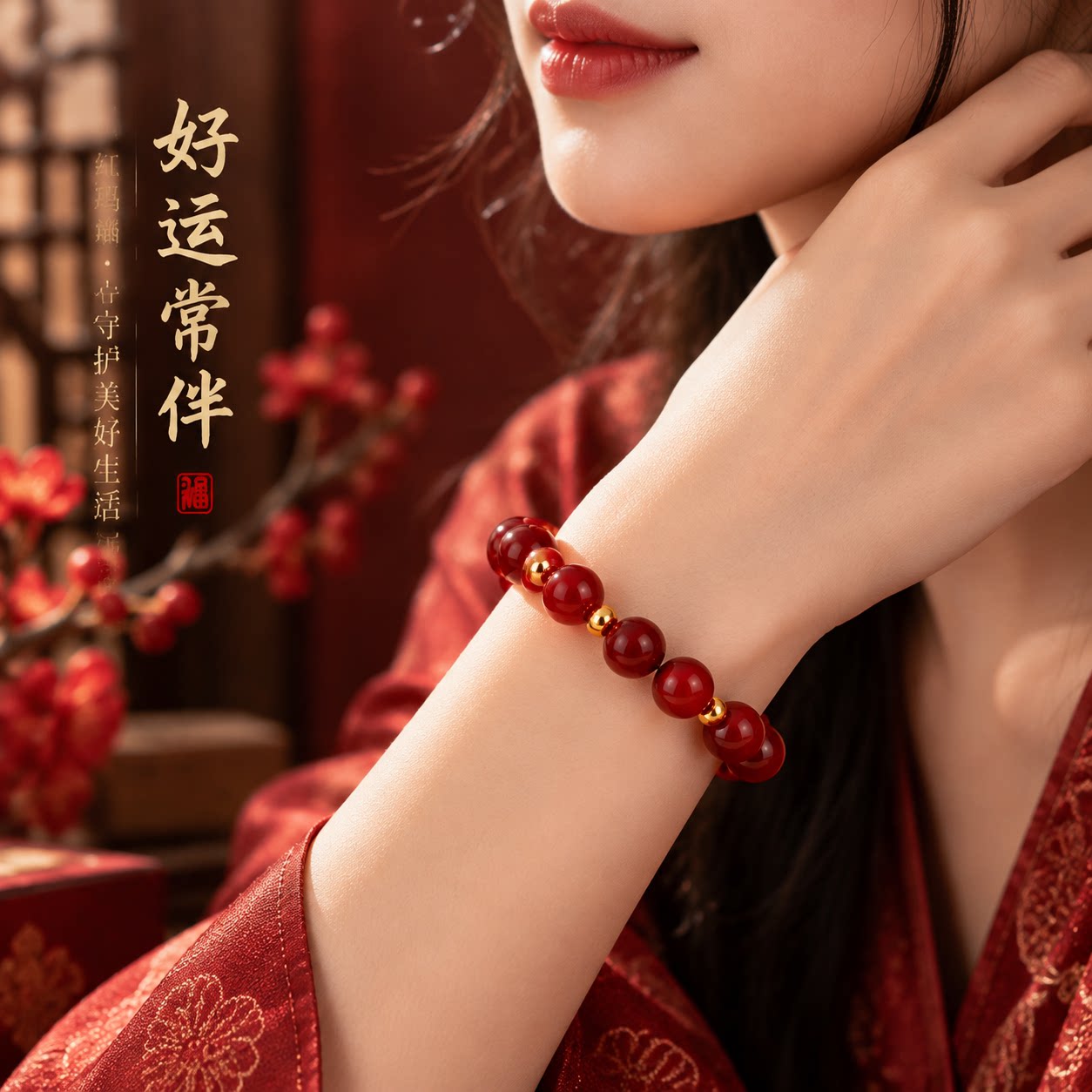 金鸿恋朱砂手串女款古法转运珠手链小金钱珠本命年工艺串珠隔珠A图片
