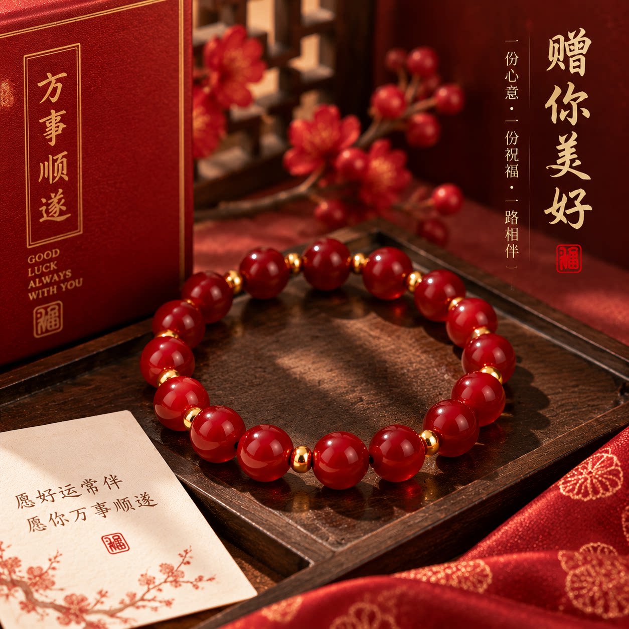 金鸿恋朱砂手串女款古法转运珠手链小金钱珠本命年工艺串珠隔珠C图片