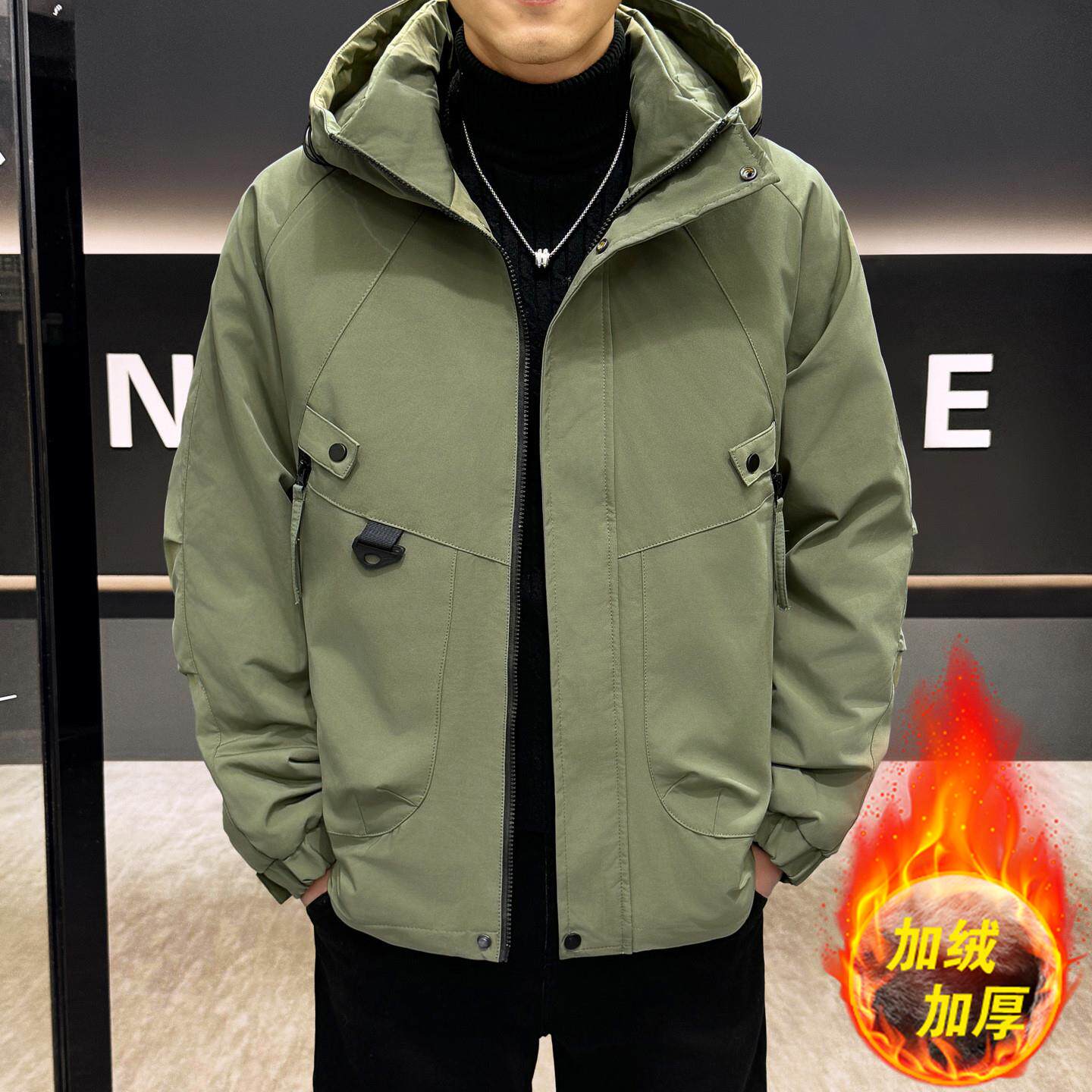 恒源祥男士连帽夹克秋冬新款青年加绒加厚保暖外套百搭休闲冲锋衣