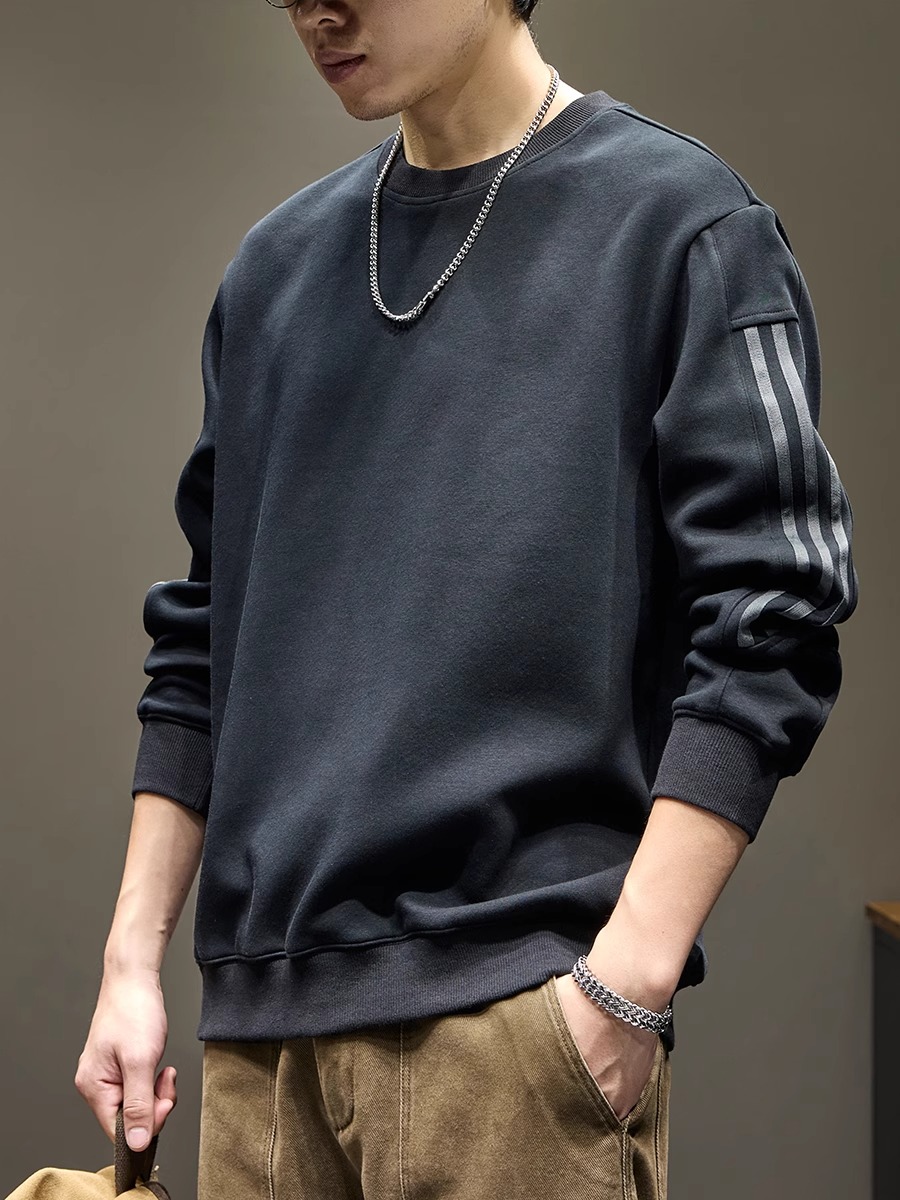 潮牌美式重磅圆领卫衣男士秋冬加绒2025新款宽松条纹休闲长袖上衣