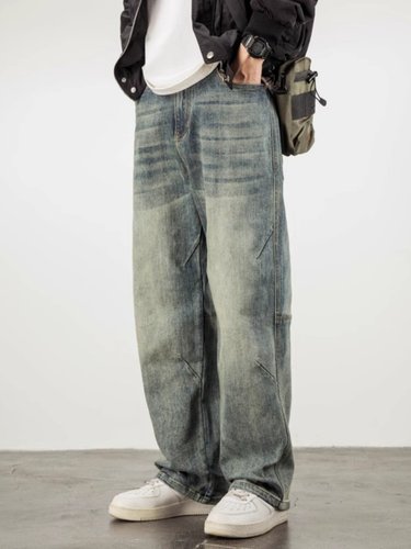 潮牌阔腿牛仔裤男宽松直筒美式休闲潮流浅色水洗大码弹力裤子秋冬