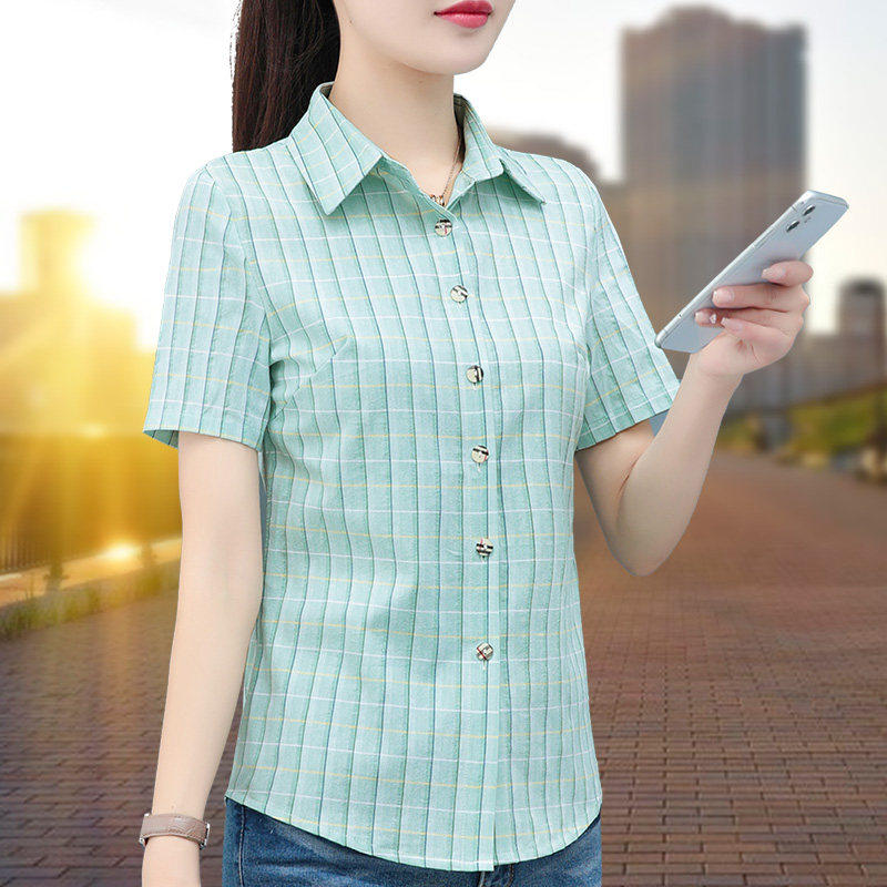 中年妈妈纯棉格子衬衫女夏季薄款新款修身大码短款全棉显瘦衬衣