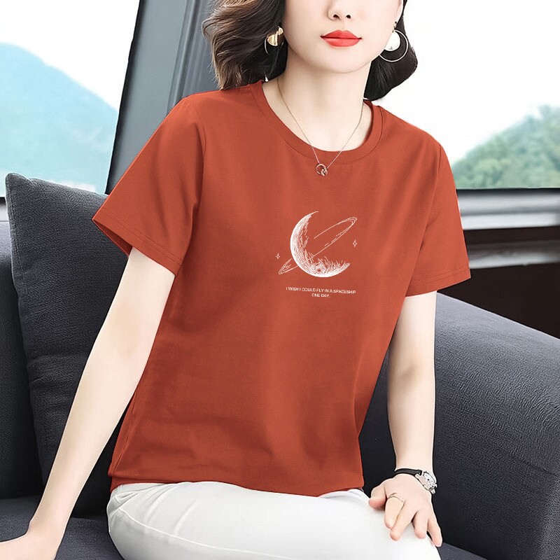 中年妈妈圆领纯棉短袖t恤女夏季薄款新款宽松大码胖mm遮肚体恤