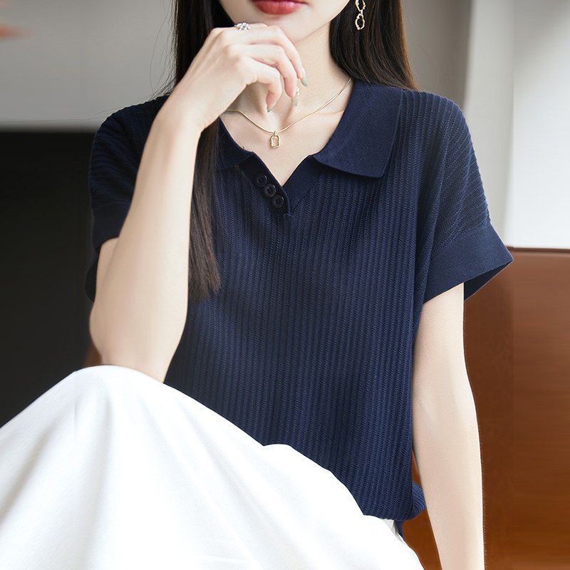 中年妈妈翻领短袖t恤女夏季薄款2026新款洋气宽松大码冰丝上衣