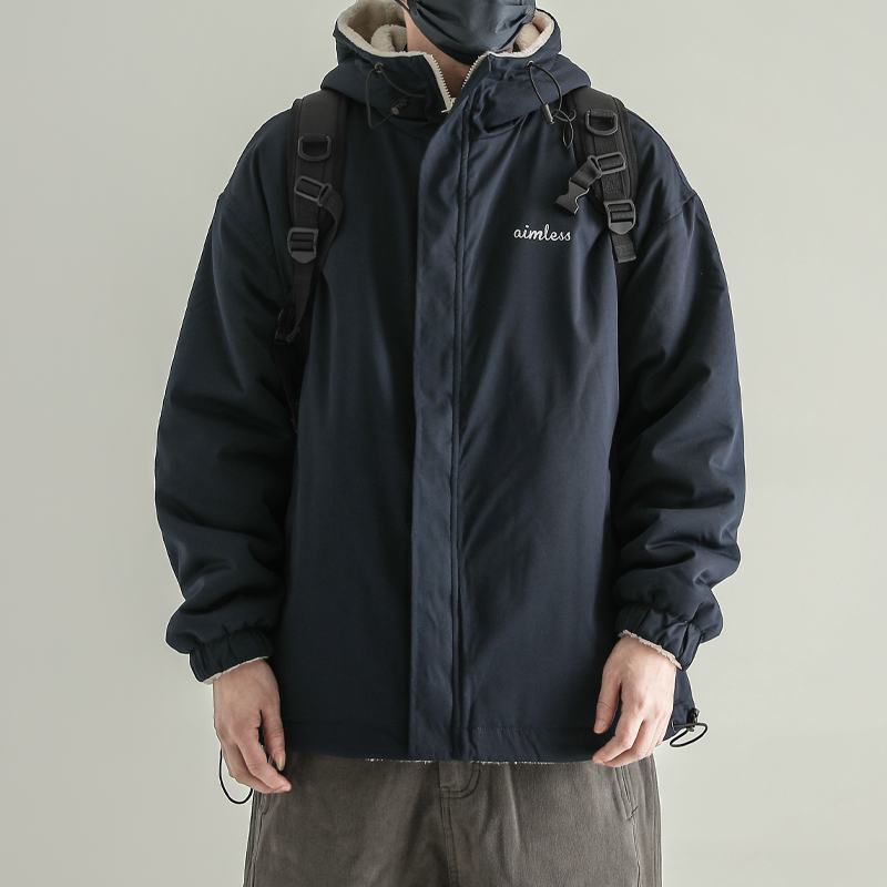 潮牌日系覆古羊羔绒连帽棉衣男2025冬季新款休闲宽松百搭棉服外套