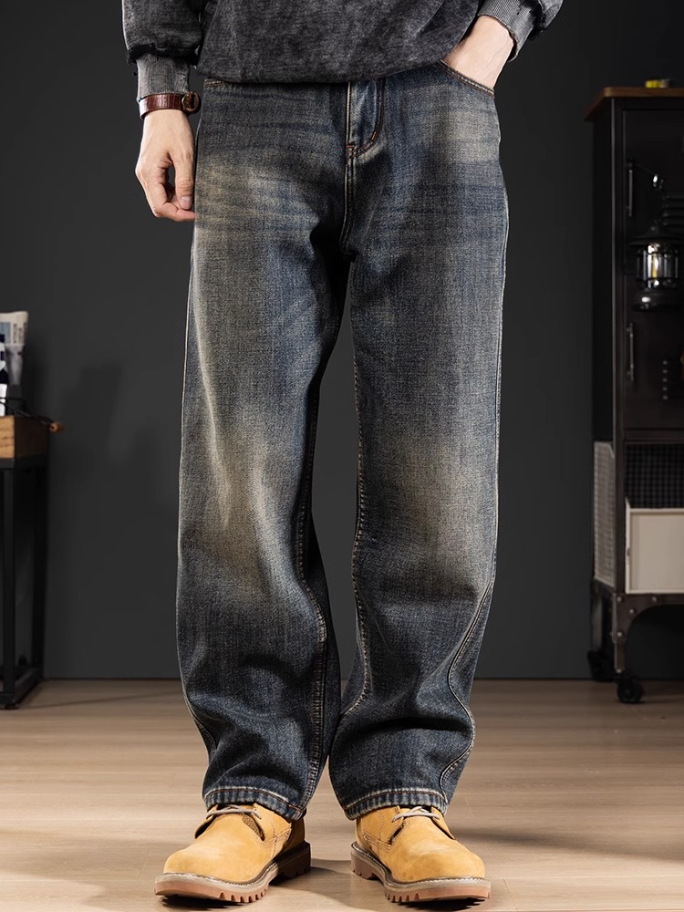 潮牌重磅加绒水洗牛仔裤男覆古加厚休闲裤秋冬宽松大码直筒阔腿裤