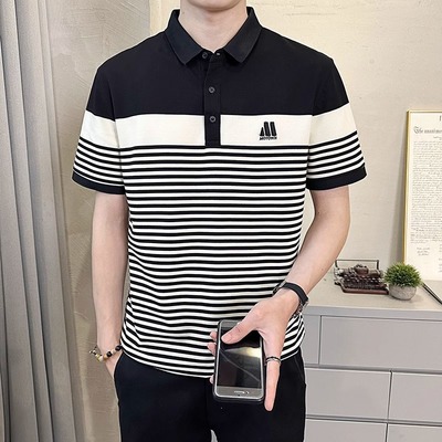潮牌夏季冰丝棉短袖T恤男士有领夏装Polo衫修身薄款条纹翻领半袖