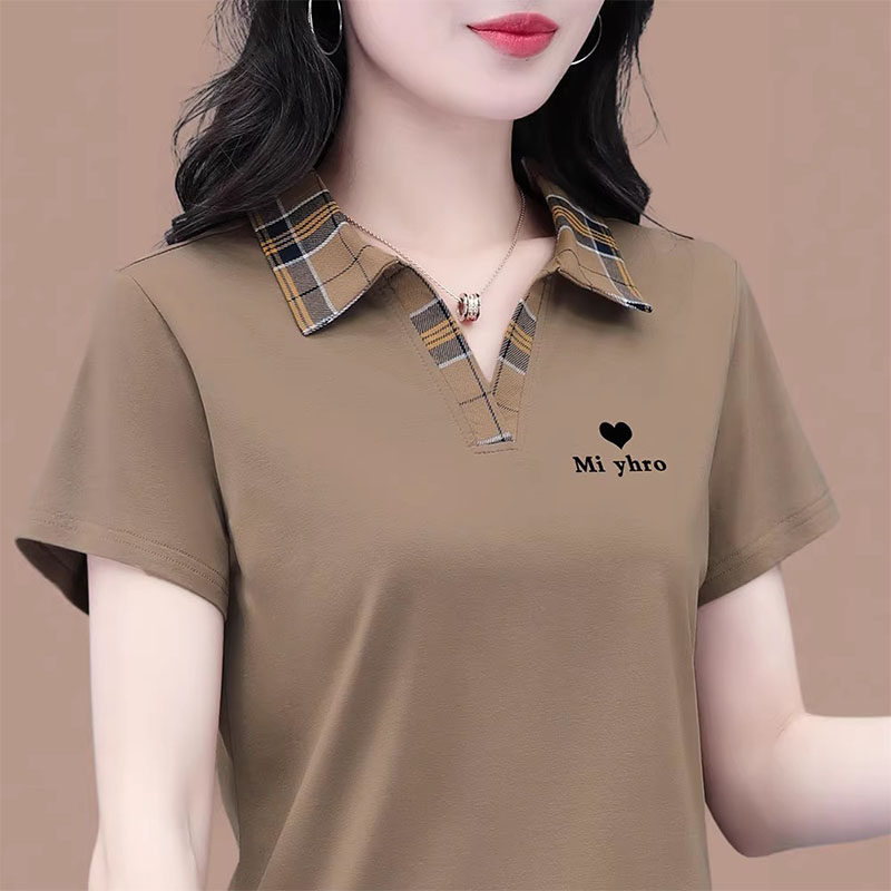 中年妈妈翻领纯棉短袖t恤女夏季薄款洋气减龄宽松大码百搭polo衫