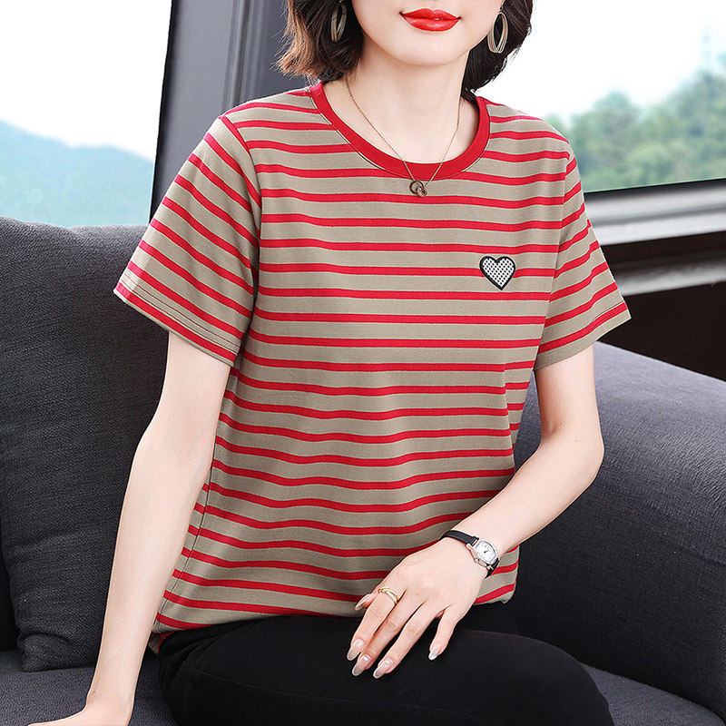 中老年妈妈纯棉条纹短袖T恤女士夏季薄款新款宽松遮肚子半袖体恤