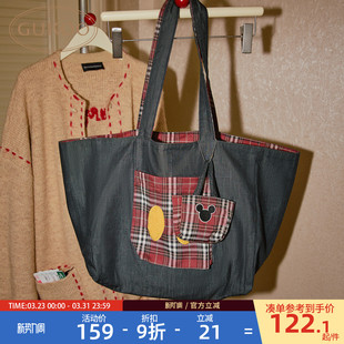 Gukoo 果壳双面手提包迪士尼联名格纹米奇帆布包女士托特包单肩包