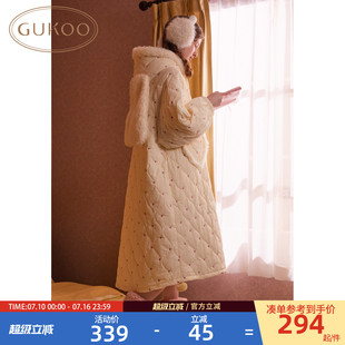 Gukoo/果壳睡袍女冬季夹棉保暖新款爱心满印女士简约家居服睡袍D