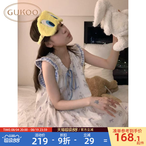 Gukoo/果壳睡裙夏季新款兔子满印甜美可外穿女士家居服无袖睡裙B
