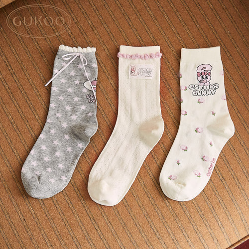 Gukoo/果壳中筒袜春秋艾丝乐小兔联名新款可爱女士袜子组合N