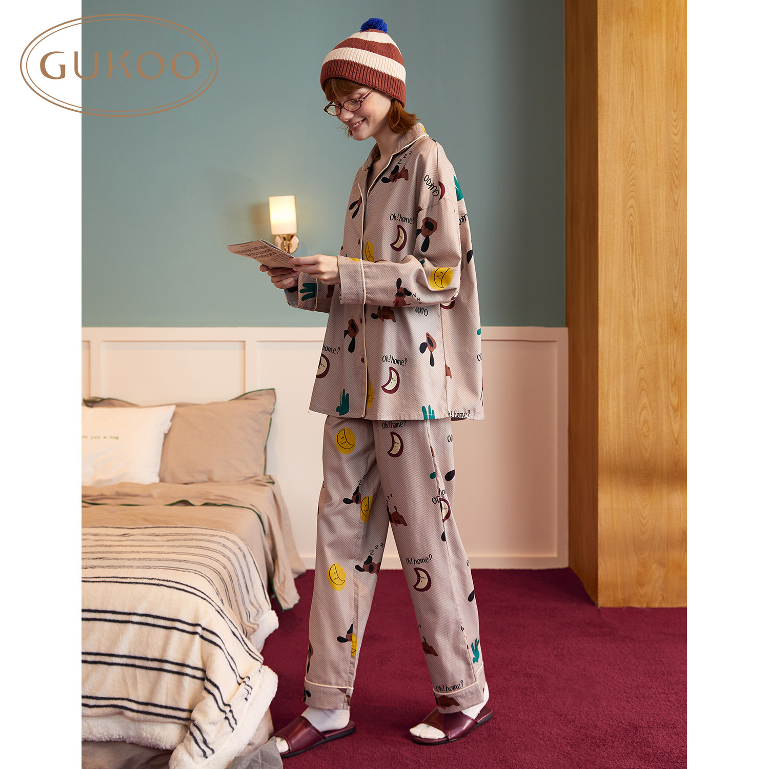 gukoo/果壳睡衣女春秋款小狗满印新款可爱宽松女士家居服套装c