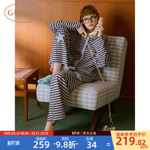 条纹纯棉女士居家服套装 Gukoo 果壳睡衣女春夏轰轰小狗印花新款