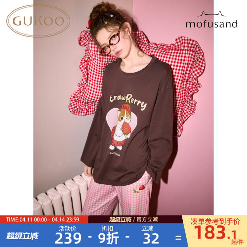Gukoo/果壳睡衣女春秋款鲨鱼猫联名新款可爱宽松女士家居服套装C