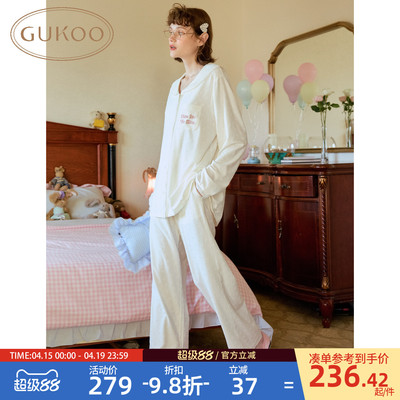 Gukoo/果壳长袖睡衣女春夏蝴蝶结提花新款简约女士家居服套装A