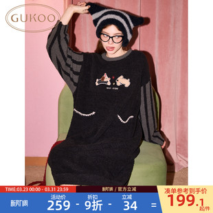 半边绒保暖简约女士家居服睡裙D 轰轰小狗新款 Gukoo 果壳睡裙冬季