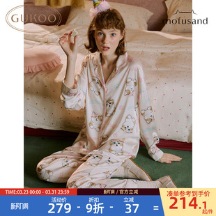 可爱冰丝女士家居服套装 鲨鱼猫联名新款 果壳睡衣女春秋款 Gukoo