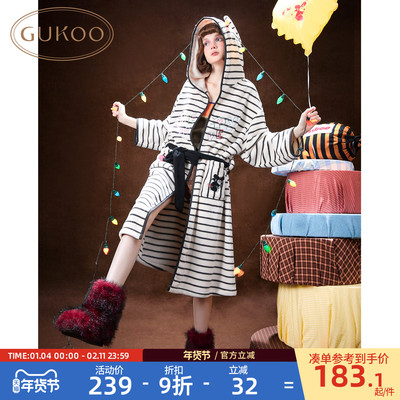 Gukoo/果壳睡袍冬季毛绒保暖新款轰轰小狗条纹女士家居服是睡袍D