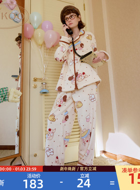 Gukoo/果壳睡衣女冬季毛绒保暖新款轰轰小狗满印女士家居服套装D