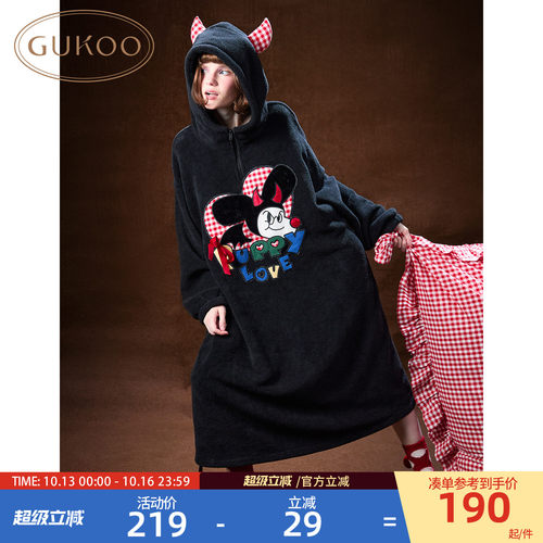 Gukoo/果壳万圣节睡裙毛绒保暖新款轰轰小狗黑色女士家居服套装D