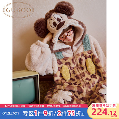 Gukoo/果壳睡衣女冬季迪士尼联名新款毛绒保暖豹纹家居服连体衣D