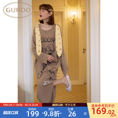 Gukoo/果壳长袖睡裙春夏兔子印花新款纯棉宽松女士家居服睡裙A