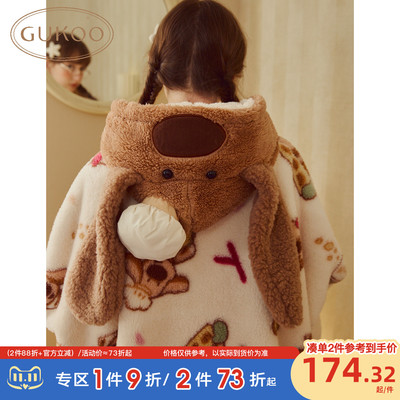 Gukoo/果壳女士睡袍冬季珊瑚绒保暖新款可爱大鼻子狗家居服睡袍D