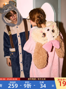 Gukoo/果壳情侣睡衣迪士尼新款女睡袍冬季珊瑚绒保暖连帽睡衣男D