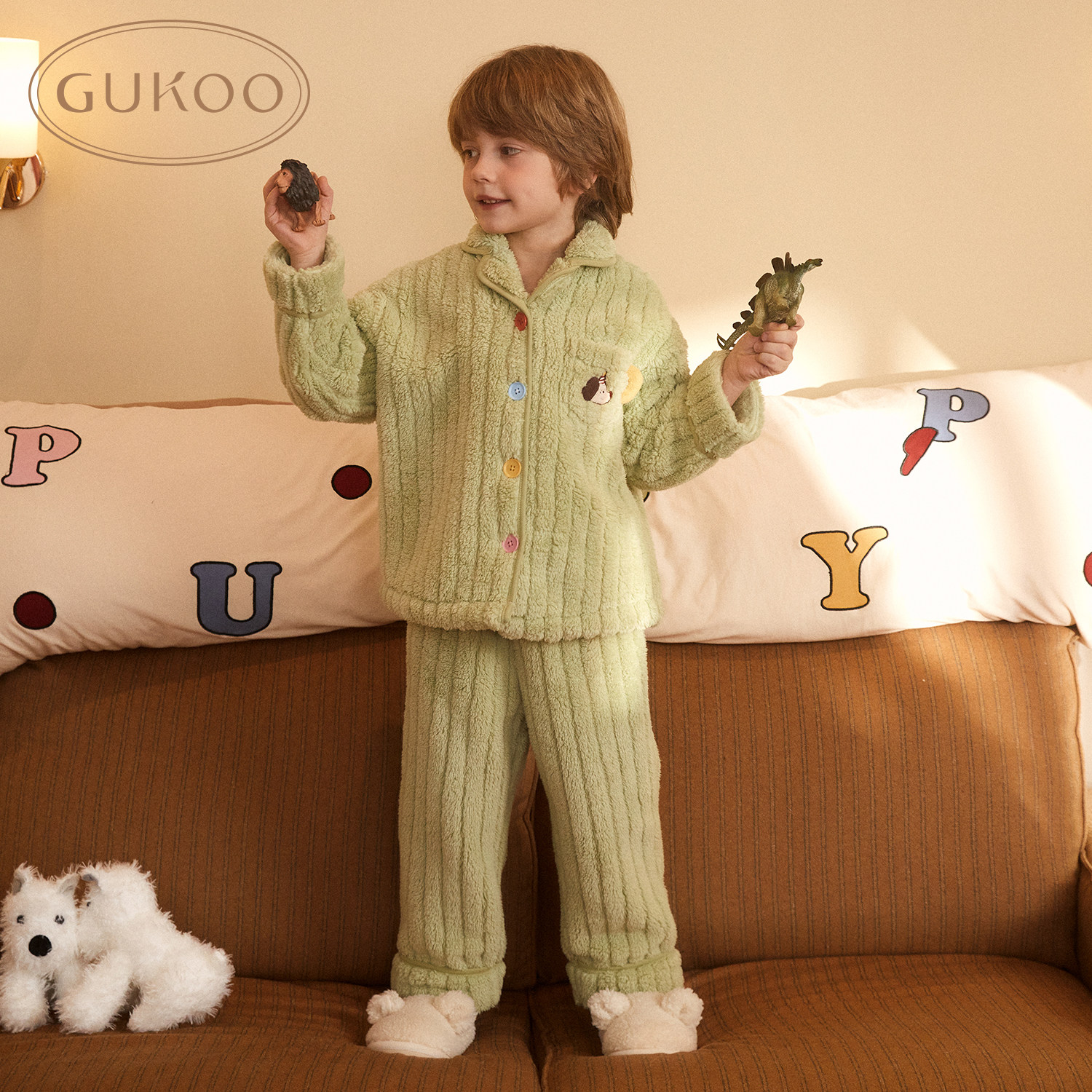 Gukoo/果壳睡衣女童冬季派对小狗新款简约保暖儿童家居服套装D