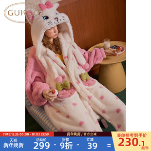 玛丽猫联名女士家居服睡袍D 毛绒保暖新款 Gukoo 果壳睡袍女冬季