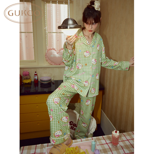 Gukoo 果壳睡衣女春季 HelloKitty联名新款 格子可爱家居服套装