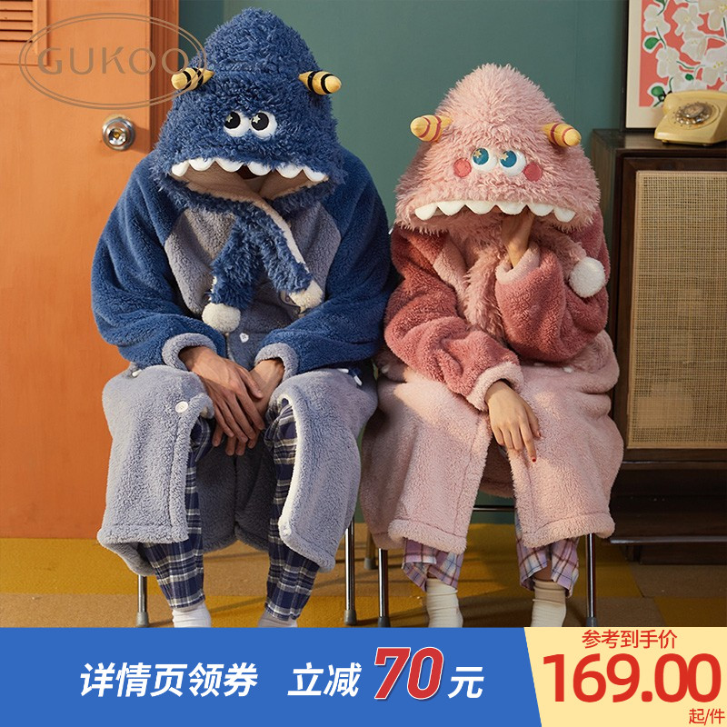 情侣珊瑚绒睡衣冬新款情侣长款睡袍可爱男士家居服冬季情侣睡衣D