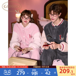 Gukoo/果壳情侣睡衣女冬迪士尼新款珊瑚绒家居服男棒球服套装D